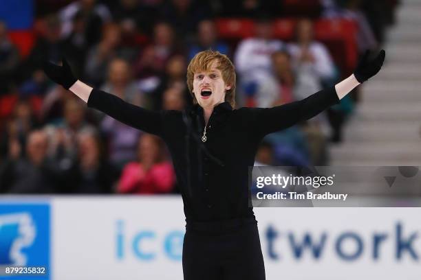 Sergei Voronov of Russia reacts after competing in the Men's Free Skating during day two of 2017 Bridgestone Skate America at Herb Brooks Arena on...