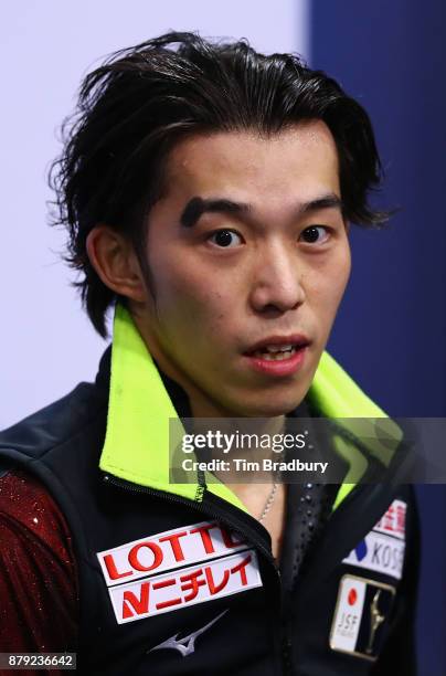 Takahito Mura of Japan reacts after competing in the Men's Free Skating during day two of 2017 Bridgestone Skate America at Herb Brooks Arena on...