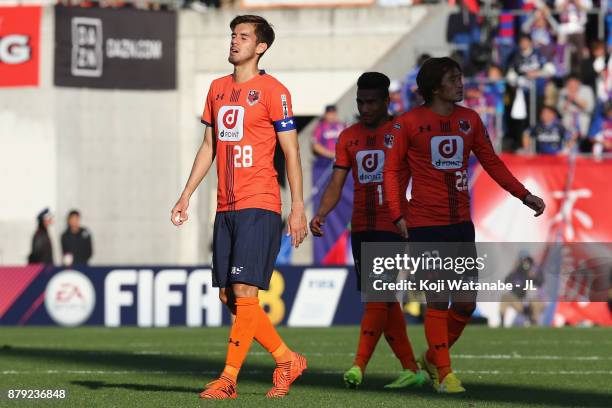 Ariajasuru Hasegawa of Omiya Ardija shows dejection after the scoreless draw and his side's relegation to the J2 after the J.League J1 match between...