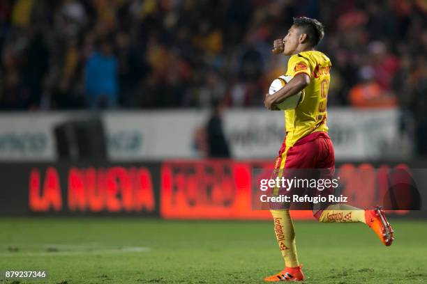 Raul Ruidiaz of Morelia celebrates after scoring the first goal of his team during the quarter finals second leg match between Morelia and Toluca as...