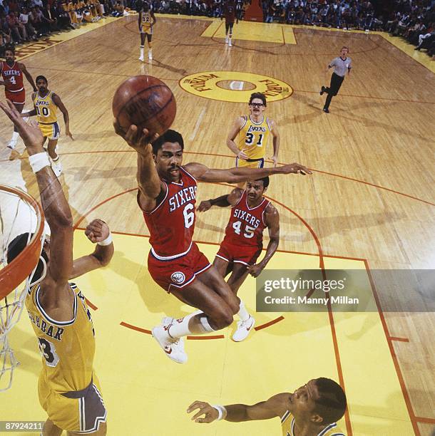 Finals: Aerial view of Philadelphia 76ers Julius Irving in action, layup vs Los Angeles Lakers. Inglewood, CA 5/29/1983--5/31/1983 CREDIT: Manny...