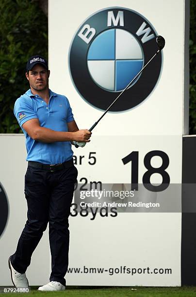 Jean-Baptiste Gonnet of France tees off at the 18th hole during the Second Round of the BMW PGA Championship at Wentworth on May 22, 2009 in Virginia...