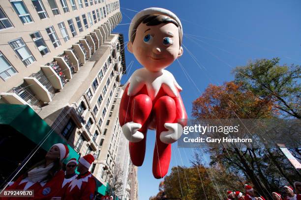 The Elf on a Shelf balloon floats down Central Park West during the annual Thanksgiving Day Parade on November 23, 2017 in New York City. The Macy's...