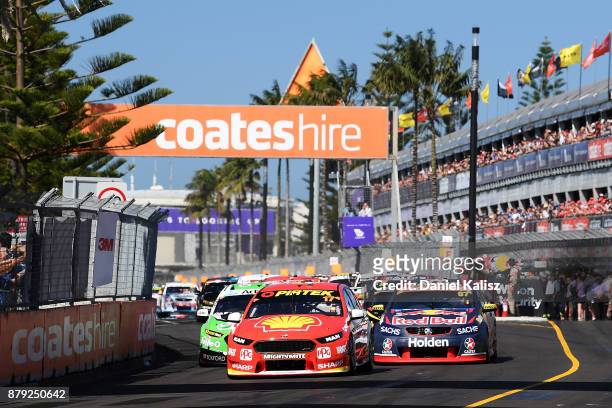 Scott McLaughlin drives the Shell V-Power Racing Team Ford Falcon FGX leads the field into turn 1 at the start of race 26 for the Newcastle 500,...