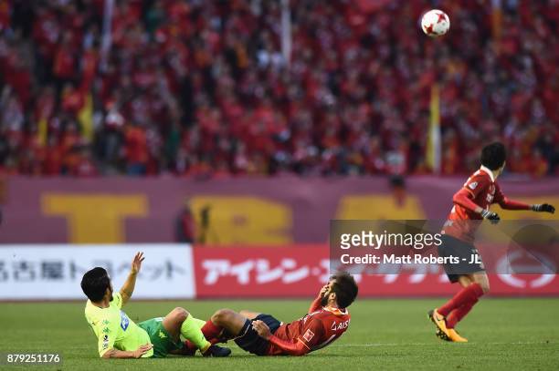Gabriel Xavier of Nagoya Grampus and Yuto Sato of JEF United Chiba compete for the ball during the J.League J1 Promotion Play-Off semi final match...