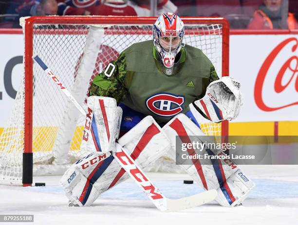Zach Fucale of the Montreal Canadiens warms up prior to the game against the Buffalo Sabres in the NHL game at the Bell Centre on November 11, 2017...