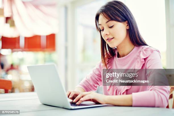 schöne junge frau blogging auf laptop im café - neustockimages stock-fotos und bilder