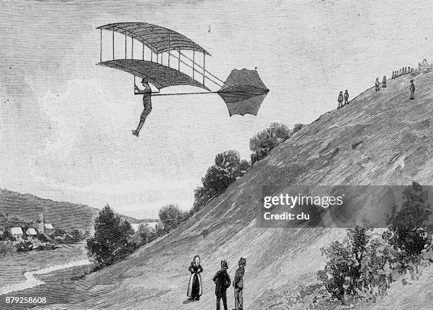 one of the first flying machines to be tested on the mountain - flying start stock illustrations