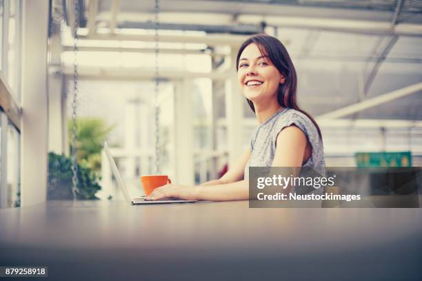 seitenansicht der glückliche junge frau mit laptop im café-tisch sitzen. - neustockimages stock-fotos und bilder