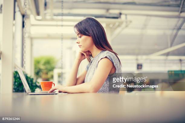 seitenansicht der bloggerin mit laptop am tisch im café - neustockimages stock-fotos und bilder
