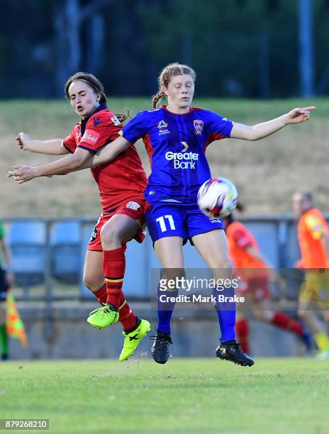 Georgia Campagnale of Adelaide United competes with Cortnee Vine of Newcastle Jets during the round five W-League match between Adelaide United and...