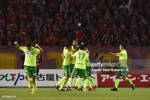 Joaquin Larrivey of JEF United Chiba celebrates scoring the opening goal with his team mates during the J.League J1 Promotion Play-Off semi final...