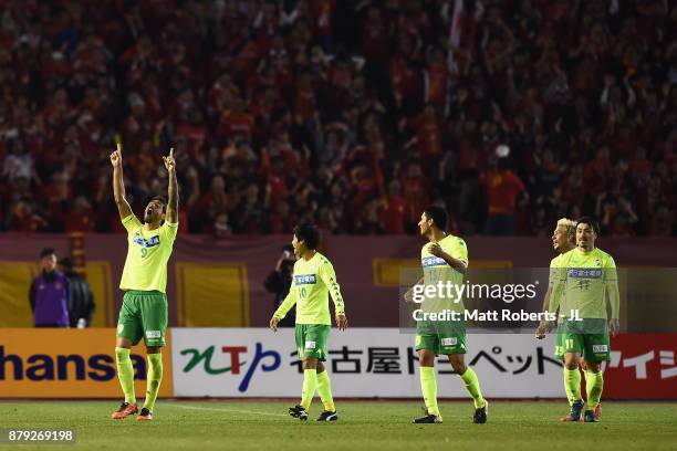 Joaquin Larrivey of JEF United Chiba celebrates scoring the opening goal with his team mates during the J.League J1 Promotion Play-Off semi final...