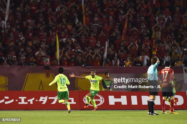 Joaquin Larrivey of JEF United Chiba celebrates scoring the opening goal with his team mates during the J.League J1 Promotion Play-Off semi final...