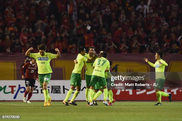 Joaquin Larrivey of JEF United Chiba celebrates scoring the opening goal with his team mates during the J.League J1 Promotion Play-Off semi final...