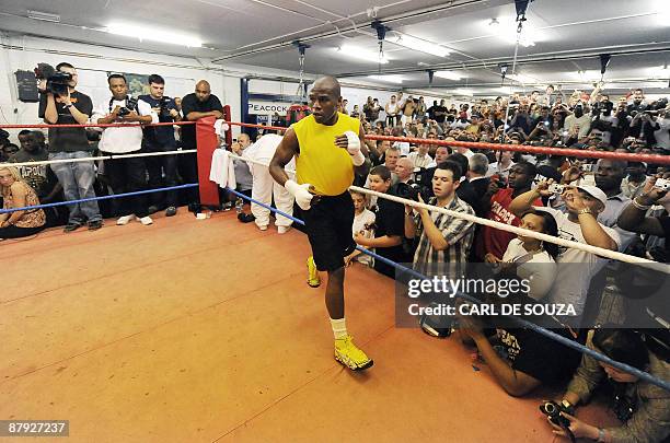 Boxer Floyd Mayweather is pictured during a promotional training session and media opportunity at the Peacock boxing gym, Canning Town, in London on...