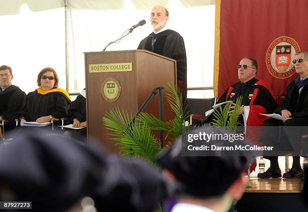 Federal Reserve Chairman Ben Bernanke gives the commencement during Boston College's Law School graduation ceremonies May 22, 2009 at Boston...