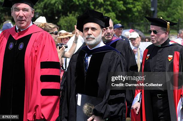 Federal Reserve Chairman Ben Bernanke walks in the processional during Boston College's Law School graduation ceremonies May 22, 2009 at Boston...