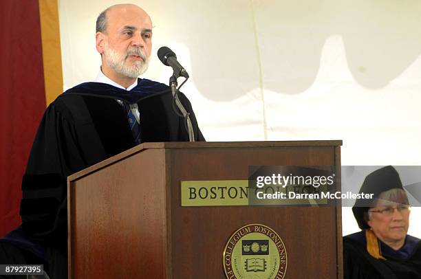 Federal Reserve Chairman Ben Bernanke gives the commencement speech during Boston College's Law School graduation ceremonies May 22, 2009 at Boston...