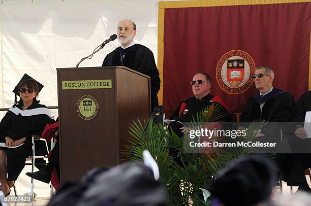 Federal Reserve Chairman Ben Bernanke gives the commencement speech during Boston College's Law School graduation ceremonies May 22, 2009 at Boston...