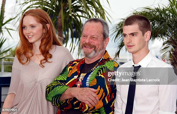 Lily Cole, Terry Gilliam and Andrew Garfield attend the 'The Imaginarium Of Doctor Parnassus' Photocall at the Grand Theatre Lumiere during the 62nd...