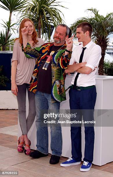 Lily Cole, Terry Gilliam and Andrew Garfield attend the 'The Imaginarium Of Doctor Parnassus' Photocall at the Grand Theatre Lumiere during the 62nd...