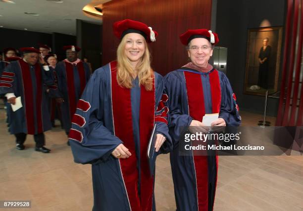 Actress Laura Linney and Julliard's Director of the Drama Division James Houghton attend Julliard's 104th commencement ceremony at Alice Tully Hall...