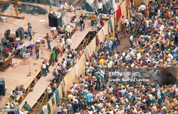 Aerial view of the stage and a portion of the crowd of concert goers at the Woodstock Music and Arts Fair in Bethel, New York, August 15 - 17 , 1969.
