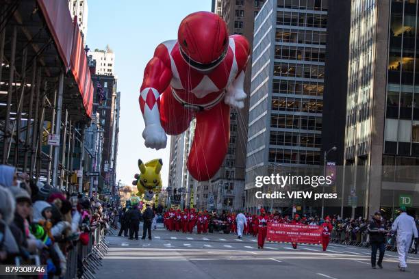 Red Mighty Morphin balloon floats over Sixth Avenue during the 91st annual Macy's Thanksgiving Day Parade on November 23, 2017 in New York City.