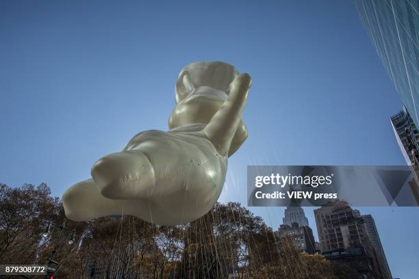 Pillsbury Doughboy balloon floats over Sixth Avenue during the 91st annual Macy's Thanksgiving Day Parade on November 23, 2017 in New York City.