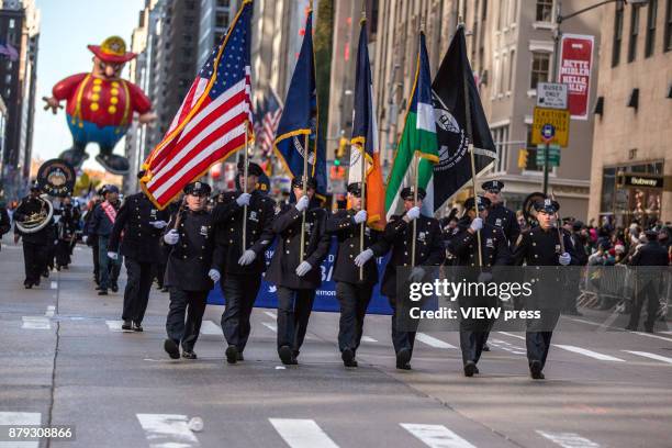 Band march in Sixth Avenue during the 91st annual Macy's Thanksgiving Day Parade on November 23, 2017 in New York City.