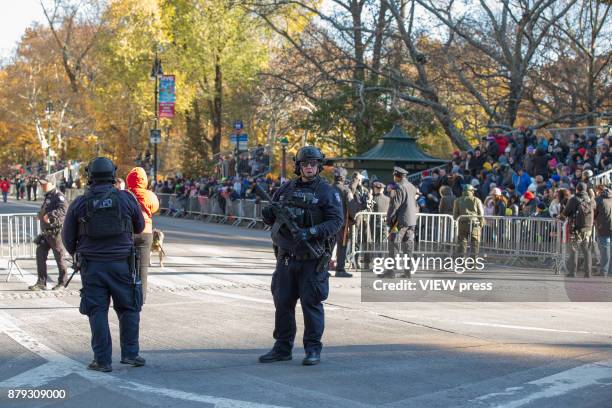 Officers patrol the street during the 91st annual Macy's Thanksgiving Day Parade on November 23, 2017 in New York City.