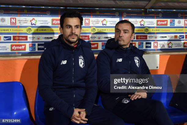 Joao Sacramento and Fernando Da Cruz Coachs of Lille during the Ligue 1 match between Montpellier Herault SC and Lille OSC at Stade de la Mosson on...