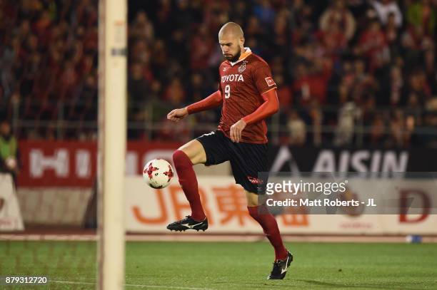Robin Simovic of Nagoya Grampus scores his side's second goal during the J.League J1 Promotion Play-Off semi final match between Nagoya Grampus and...