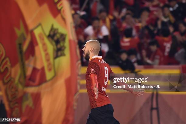 Robin Simovic of Nagoya Grampus celebrates scoring his side's second goal during the J.League J1 Promotion Play-Off semi final match between Nagoya...