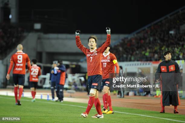 Taishi Taguchi of Nagoya Grampus celebrates scoring his side's first goal to make it 1-1 during the J.League J1 Promotion Play-Off semi final match...