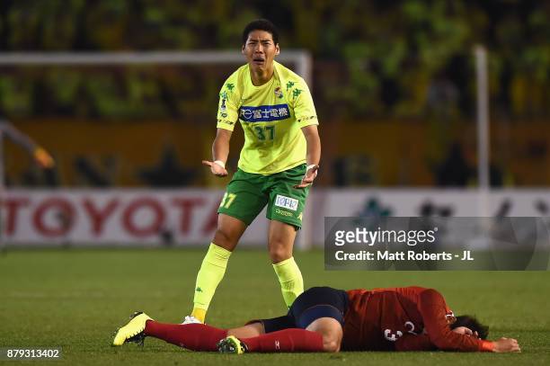 Kim Byeom Yong of JEF United Chiba reacts after fouling on Kazuki Kushibiki of Nagoya Grampus during the J.League J1 Promotion Play-Off semi final...