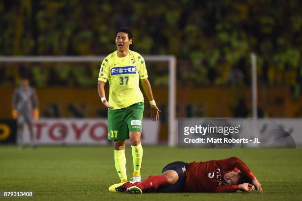 Kim Byeom Yong of JEF United Chiba reacts after fouling on Kazuki Kushibiki of Nagoya Grampus during the J.League J1 Promotion Play-Off semi final...