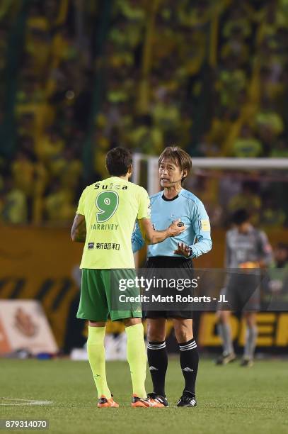 Joaquin Larrivey of JEF United Chiba protests to referee Nobutsugu Murakami during the J.League J1 Promotion Play-Off semi final match between Nagoya...