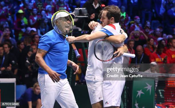 Captain of France Yannick Noah, Pierre-Hughes Herbert and Richard Gasquet of France celebrate winning the doubles match during day 2 of the Davis Cup...