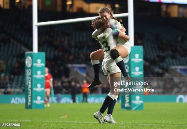 Ellie Kildunne of England and Jess Breach of England celebrate during the Old Mutual Wealth Series between England Women and Canada Women at...