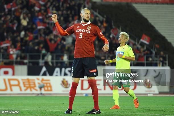 Robin Simovic of Nagoya Grampus celebrates scoring his side's fourth and his hat trick goal from the penalty spot during the J.League J1 Promotion...