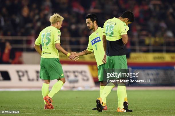 Yuto Sato of JEF United Chiba consoles his team mates Yusuke Higa and Andrew Kumagai during the J.League J1 Promotion Play-Off semi final match...