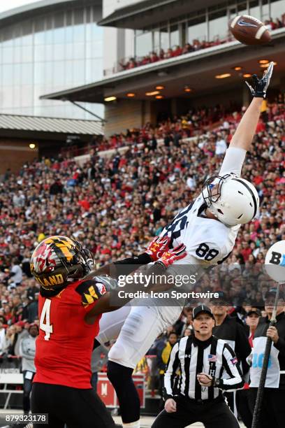 Penn State Nittany Lions tight end Mike Gesicki cannot pull down a first quarter pass attempt as Maryland Terrapins defensive back Darnell Savage Jr....