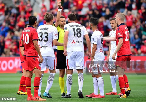 Robert Cornthwaite of West Sydney Wanderers gets a red card during the round eight A-League match between Adelaide United and the Western Sydney...