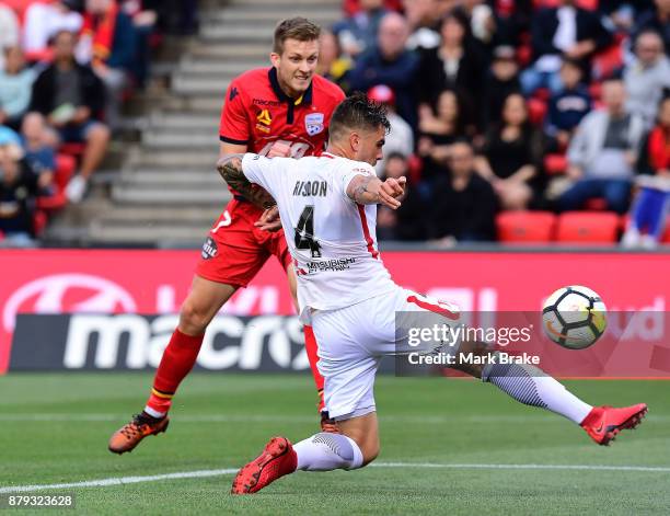 Ryan Kitto of Adelaide United scores Adelaide's first goal during the round eight A-League match between Adelaide United and the Western Sydney...