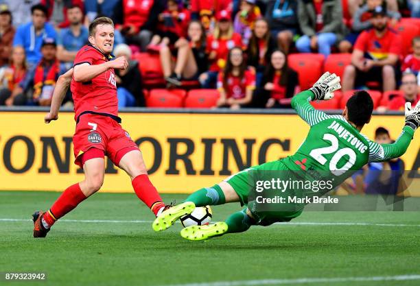 Ryan Kitto of Adelaide United kicks for goal saved by Vedran Janjetovic of West Sydney Wanderers during the round eight A-League match between...