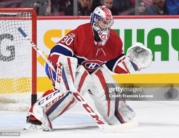 Zach Fucale of the Montreal Canadiens warms up prior to the NHL game against the Columbus Blue Jackets at the Bell Centre on November 14, 2017 in...