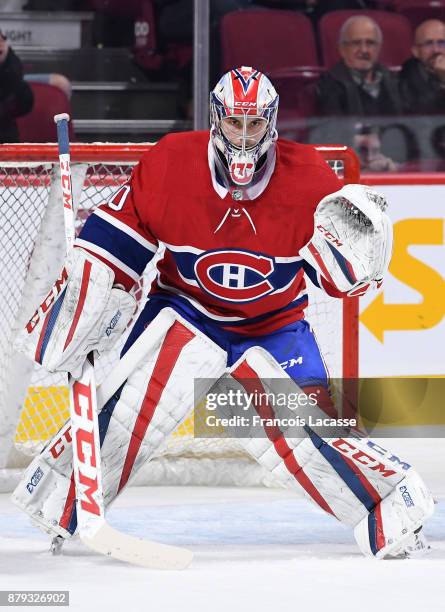 Zach Fucale of the Montreal Canadiens warms up prior to the NHL game against the Columbus Blue Jackets at the Bell Centre on November 14, 2017 in...
