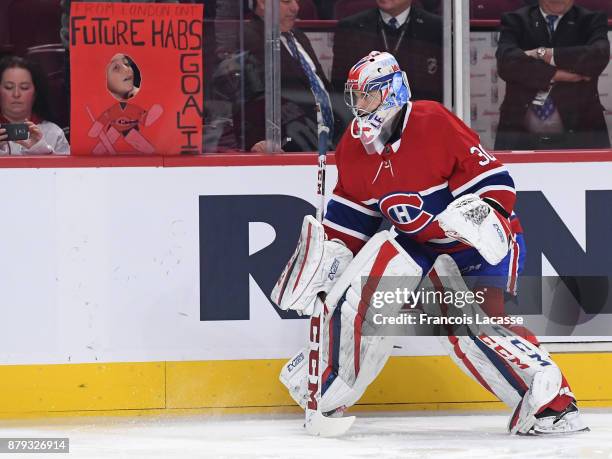 Zach Fucale of the Montreal Canadiens warms up prior to the NHL game against the Columbus Blue Jackets at the Bell Centre on November 14, 2017 in...